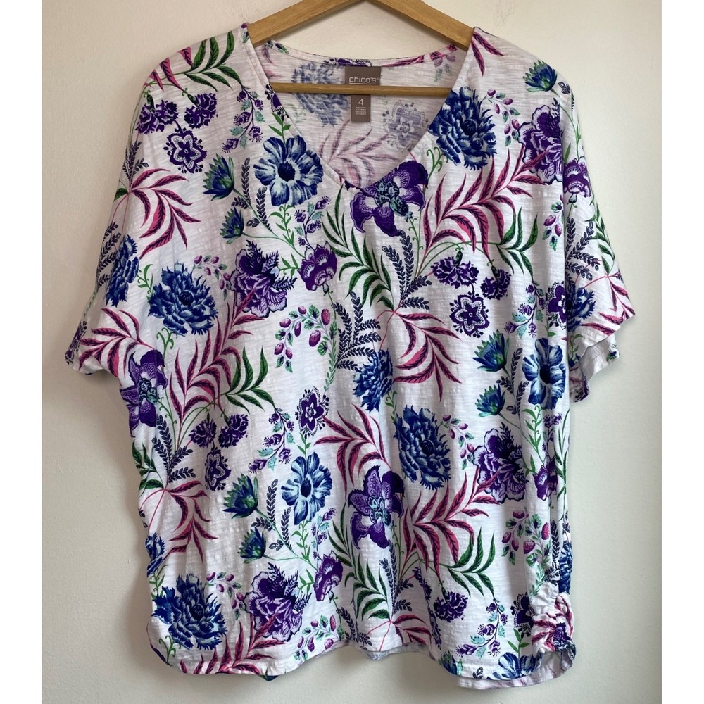 Chico's Top Women 4 White Floral Cotton Slub Ruched Short Sleeve Casual Boho